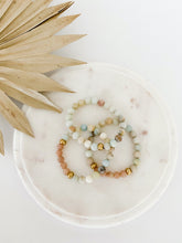 Load image into Gallery viewer, Three beaded mala bracelets with amazonite and sunstone gemstones. Handmade on Vancouver Island, BC.
